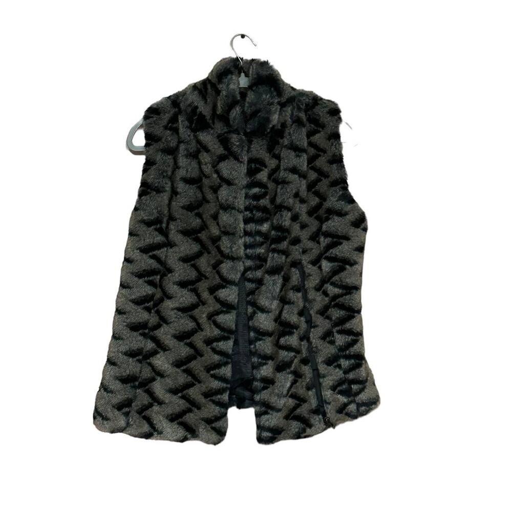 Aryn K Faux Fur Vest Coat Black Cream Wrap Front Animal Print Boho Womens XS